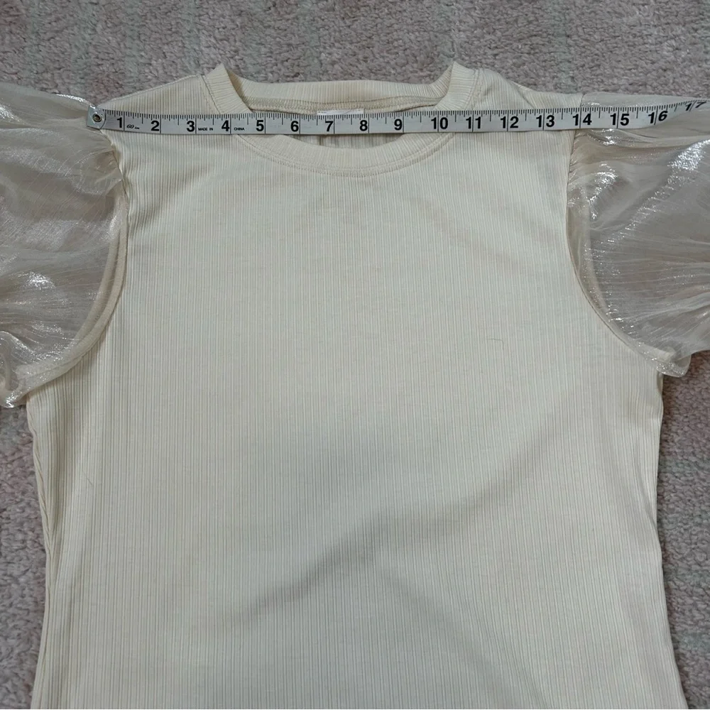Peony Pastels Cream Ribbed Blouse with Sheer Puff Sleeves Size Large Spring